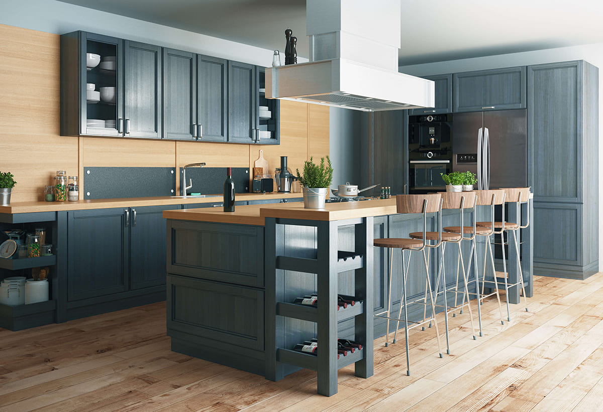 Cocina moderna reformada con isla central en vivienda en Tenerife