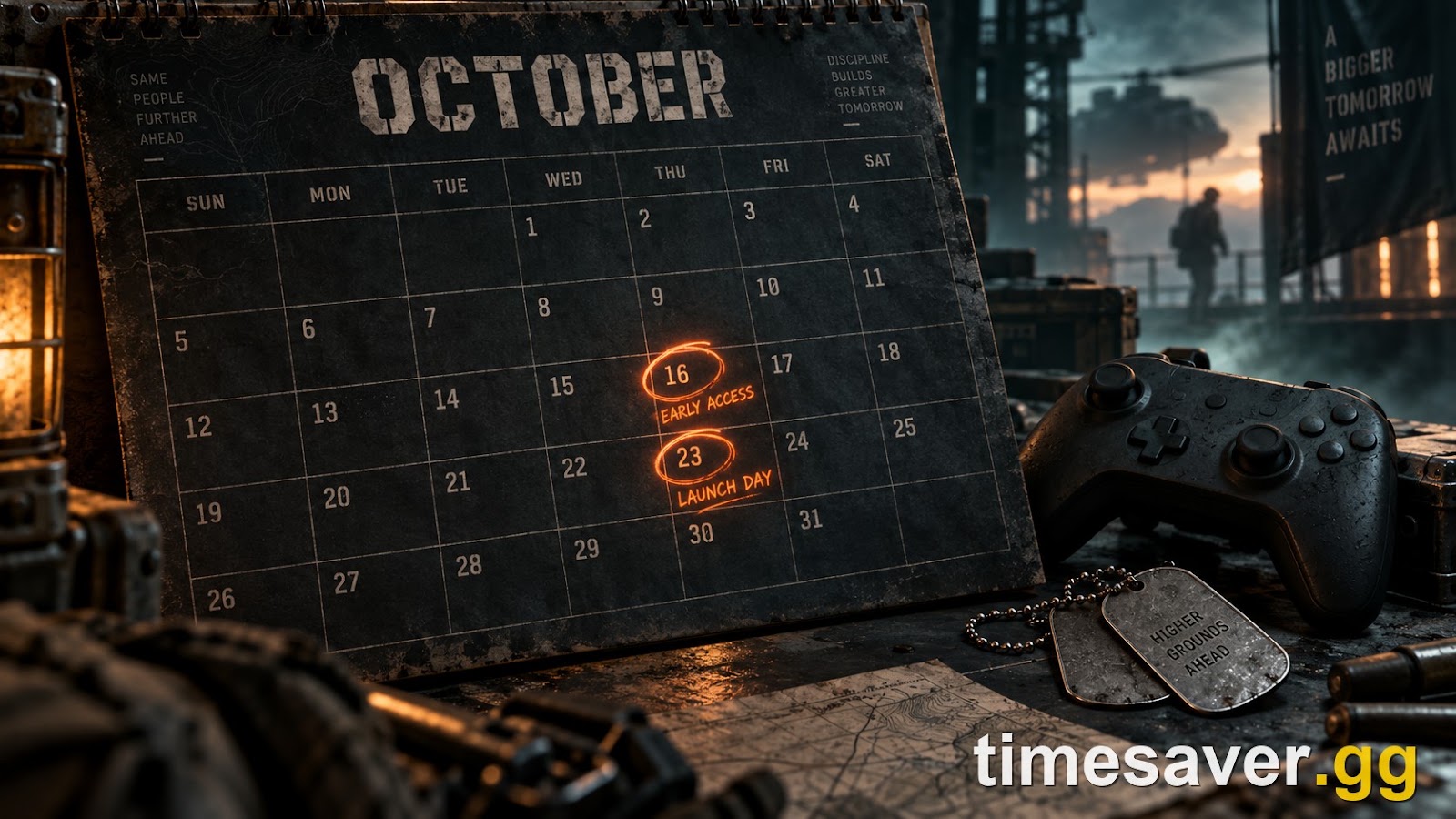 A launch countdown calendar marking Modern Warfare 4 digital pre-order campaign early access on October 16 and full release on October 23