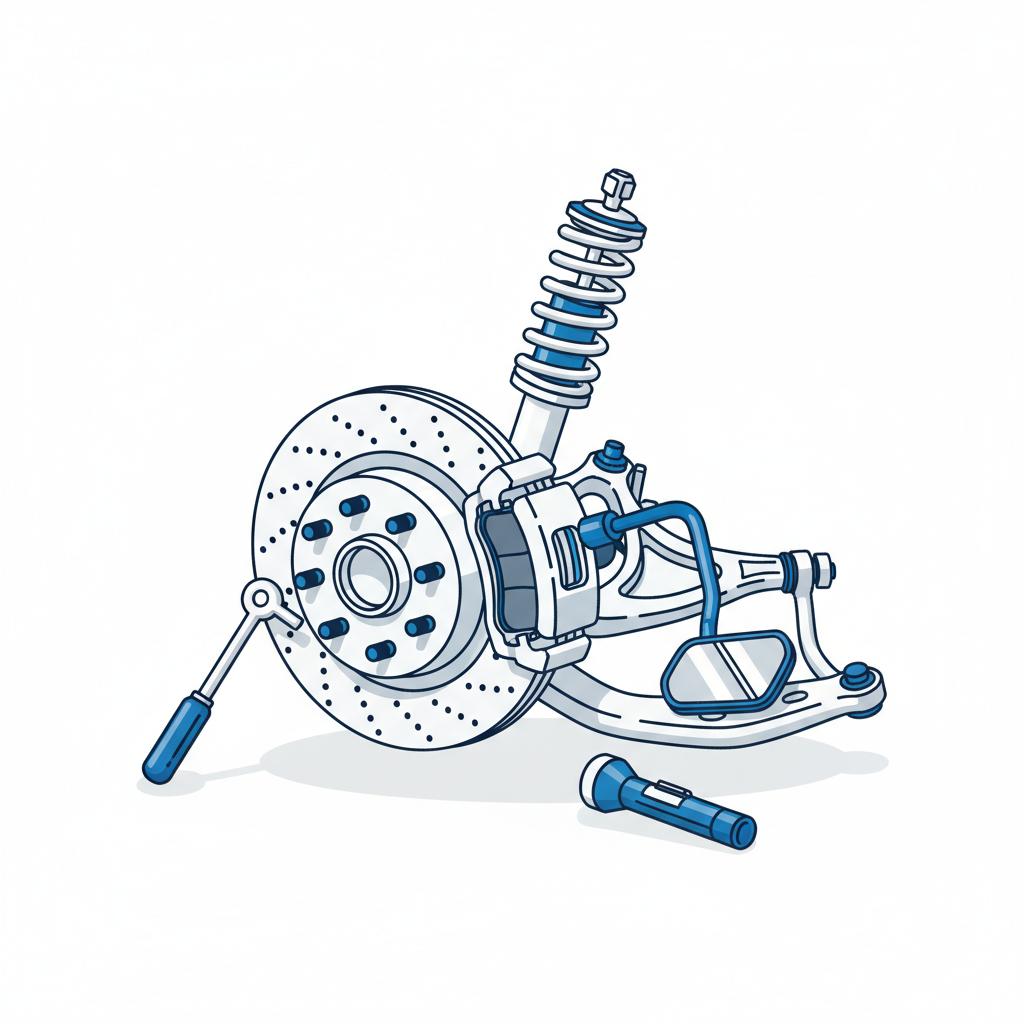Vector illustration of a truck wheel inspection showing brakes suspension and tools for a pre purchase check at a gmc car dealership minimal white background