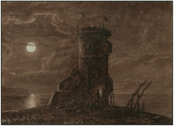 Wachttoren aan de kust bij Sagonte s nachts