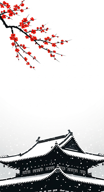 Asian Ink-Wash Illustration of a Snowy Temple Roof and Branch of Red Flowers - Free mobile Wallpaper