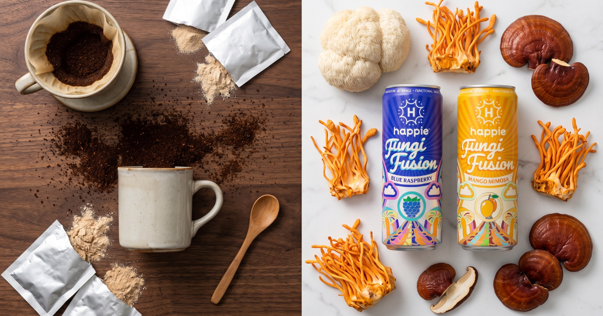 Mushroom coffee vs Happie Fungi Fusion mushroom drinks comparison — caffeine, dose, extraction, and bioavailability