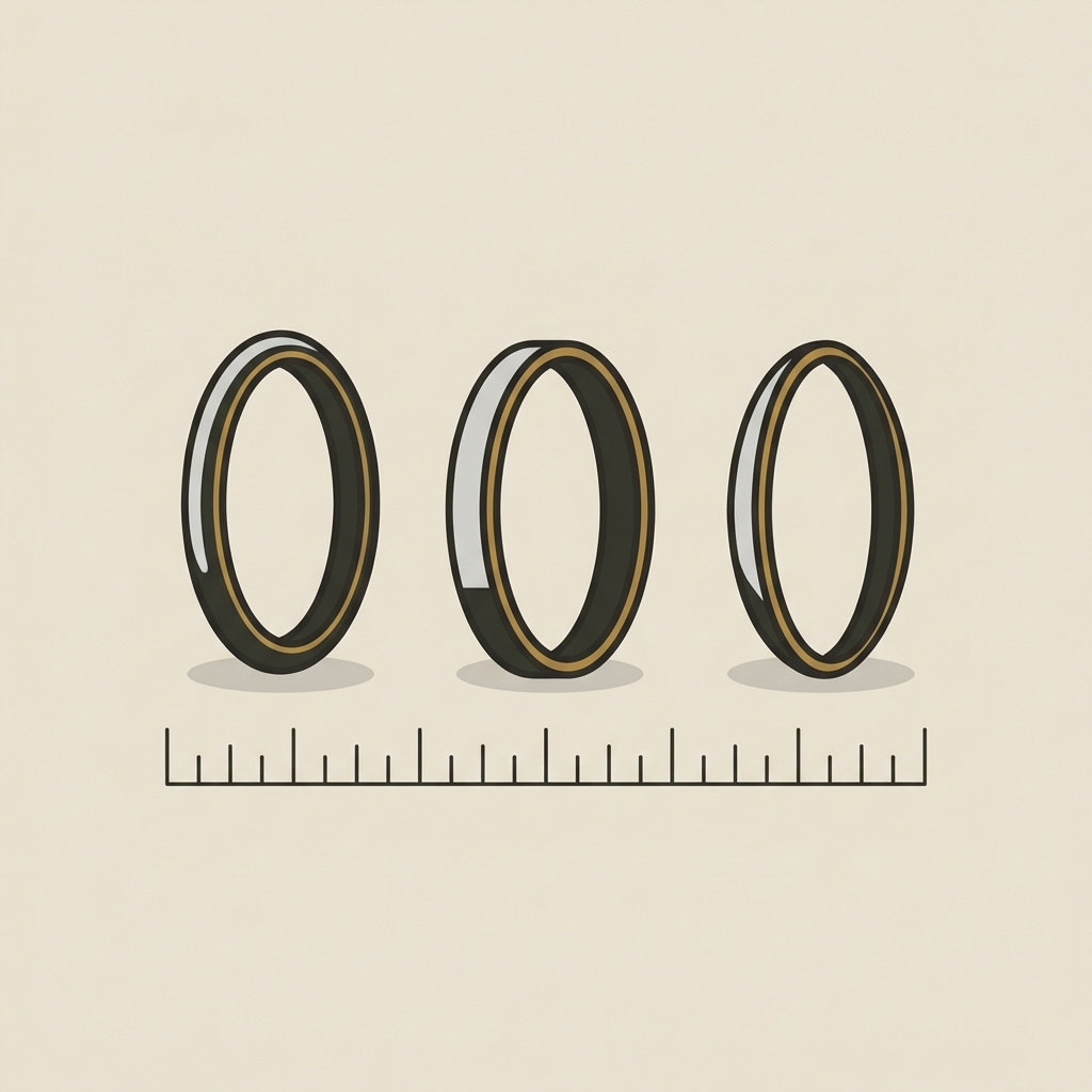 Minimalist 2D vector side profile of three hoops showing round flat and tapered cross sections with a small ruler for scale in Aurora Antiqua palette, roman silver ring