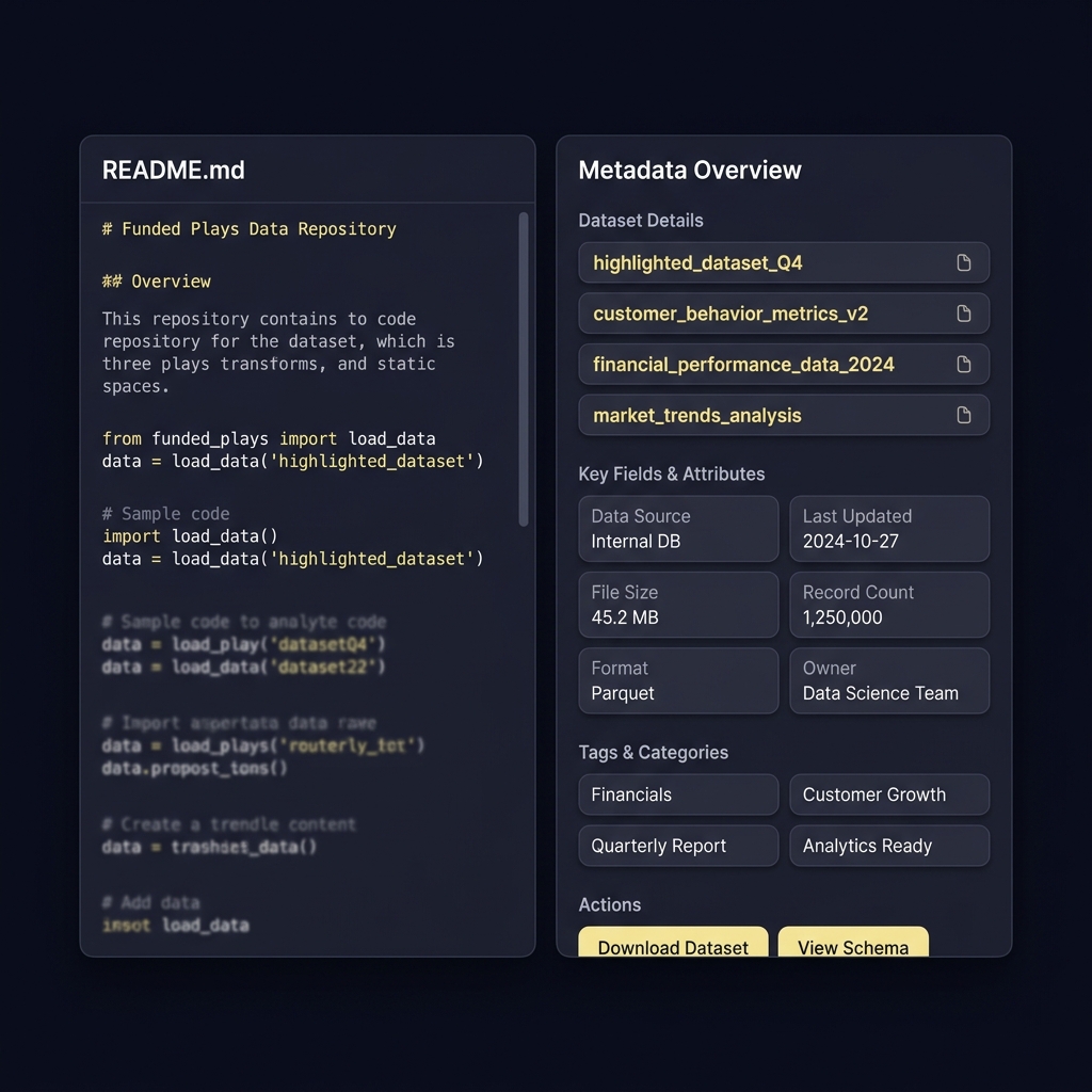 Open code repository window showing highlighted metadata fields and dataset names in minimalist Funded Plays style Why Transparency About Results Matters
