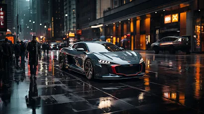 Ai Art, Cyberpunk, Street, Sports Car, Rain 4K Wallpaper Background