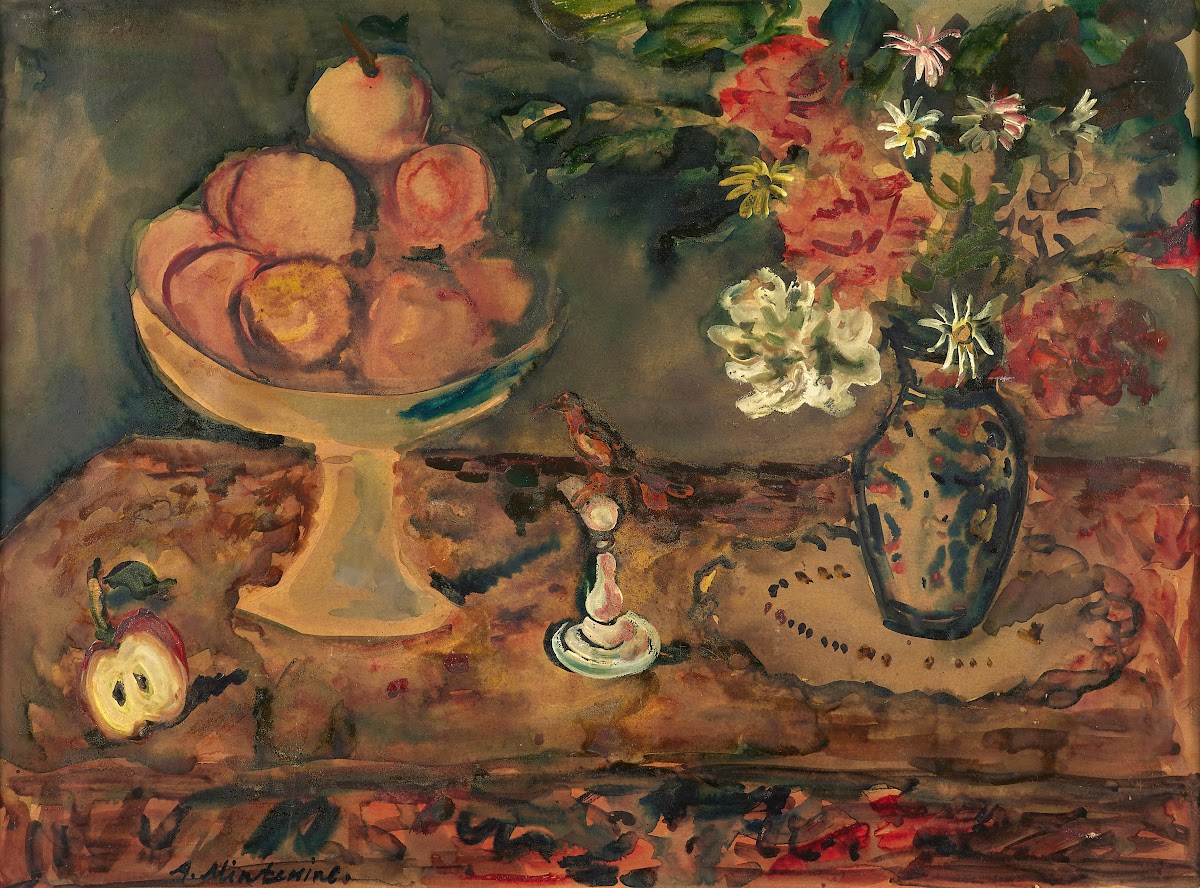 Nature morte au compotier et vase de fleur