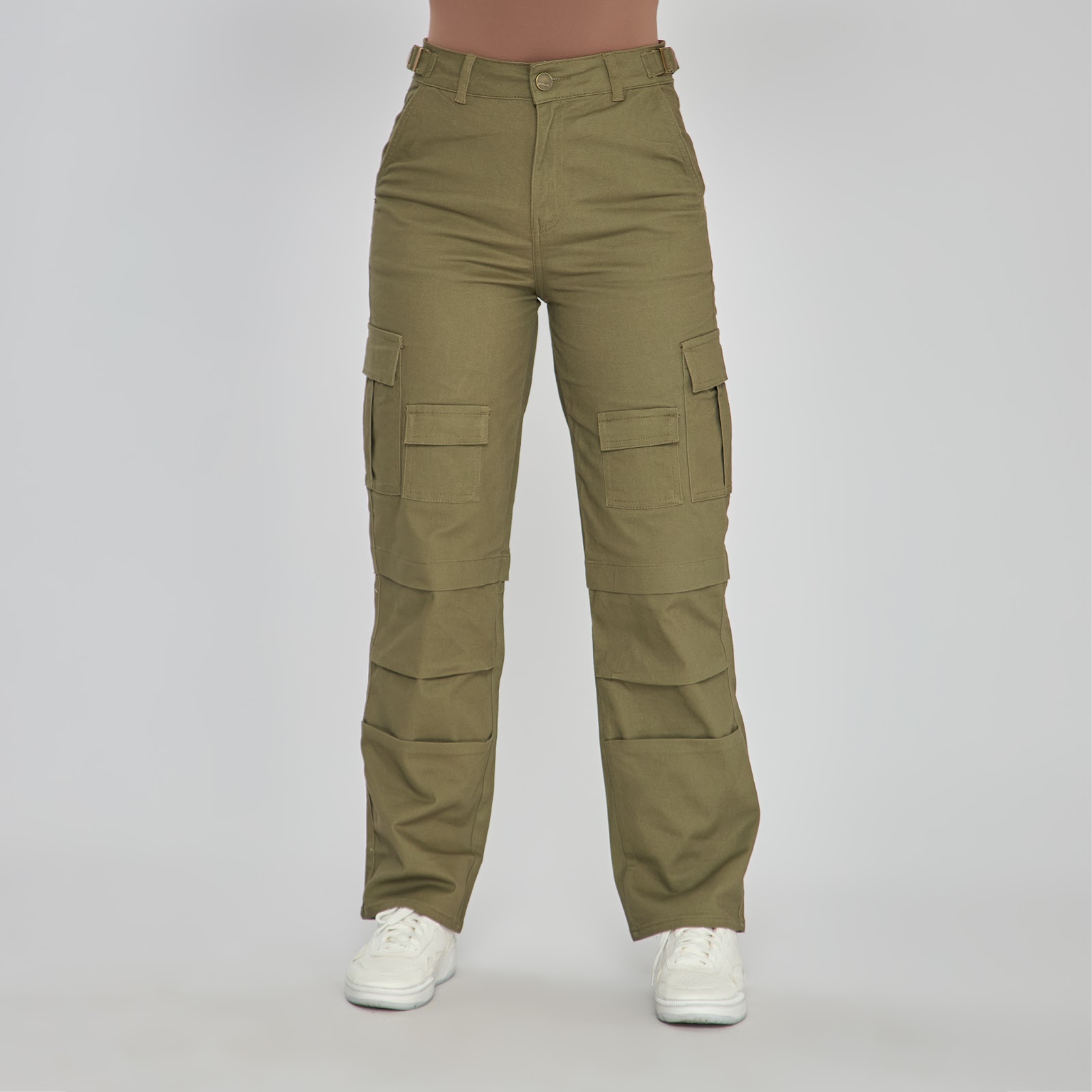 Pantalón cargo bota recta tiro alto en denim stretch, color crudo - Vista 9