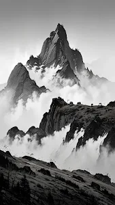 Monochromatic Ink Wash Mountain Peaks Digital Painting