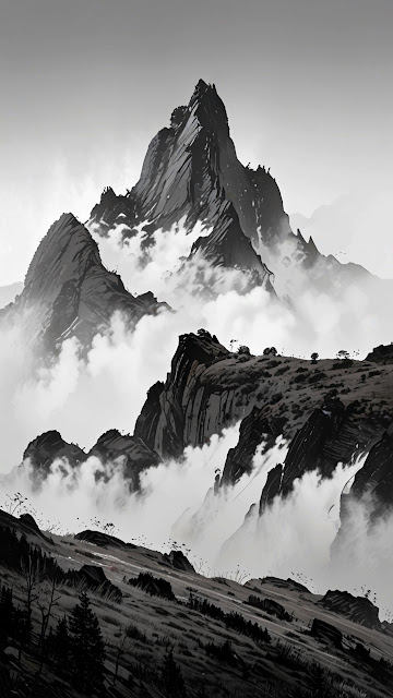 Monochromatic Ink Wash Mountain Peaks Digital Painting - Free mobile Wallpaper