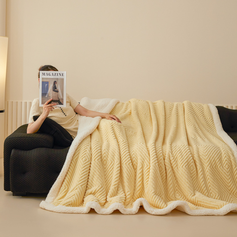 Double-sided lamb fleece blanket with geometric pattern