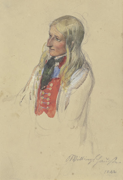 Brustbild einer jungen blonden Bäuerin in roter Weste und weißem Rock 1842