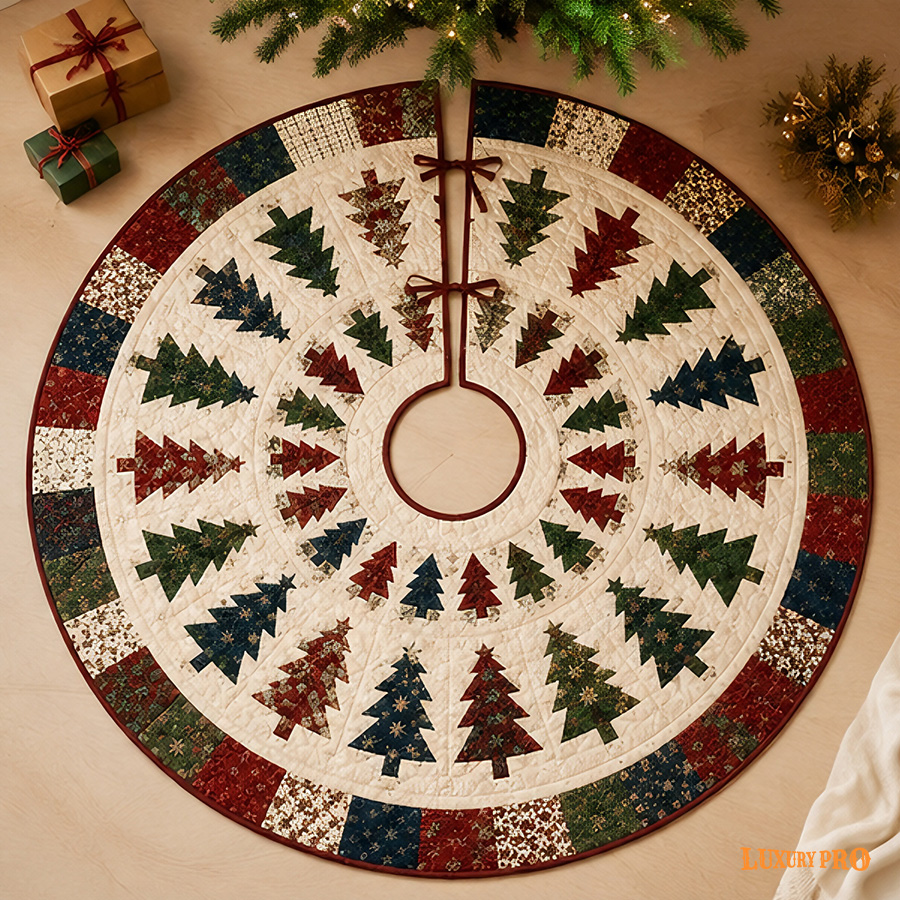 Christmas Tree Mat, Brushed Fabric With Ribbon Style