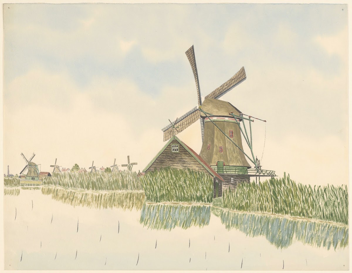 molens oliemolen Het Zwarte Kalf aan de Kalverpoel met l op de achtergrond vijf