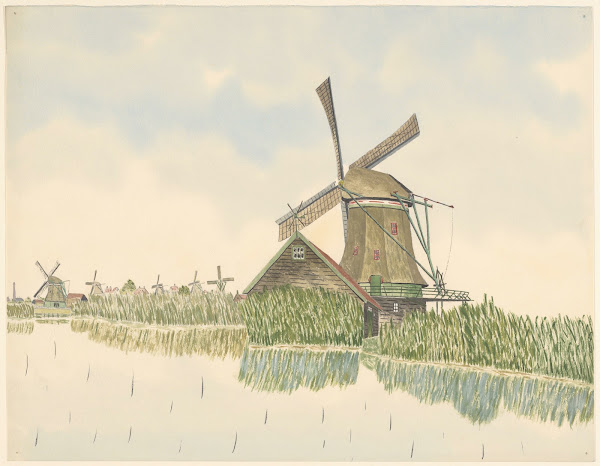 molens oliemolen Het Zwarte Kalf aan de Kalverpoel met l op de achtergrond vijf