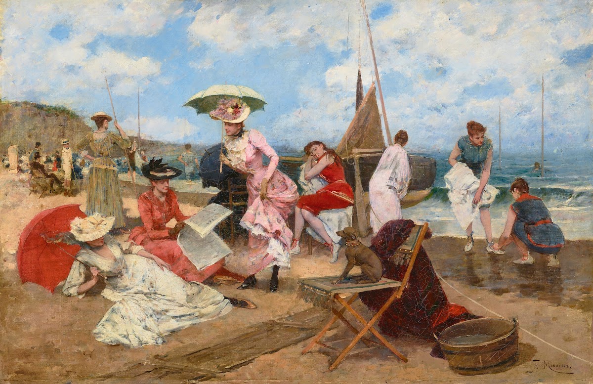 Mujeres elegantes en la playa con perro