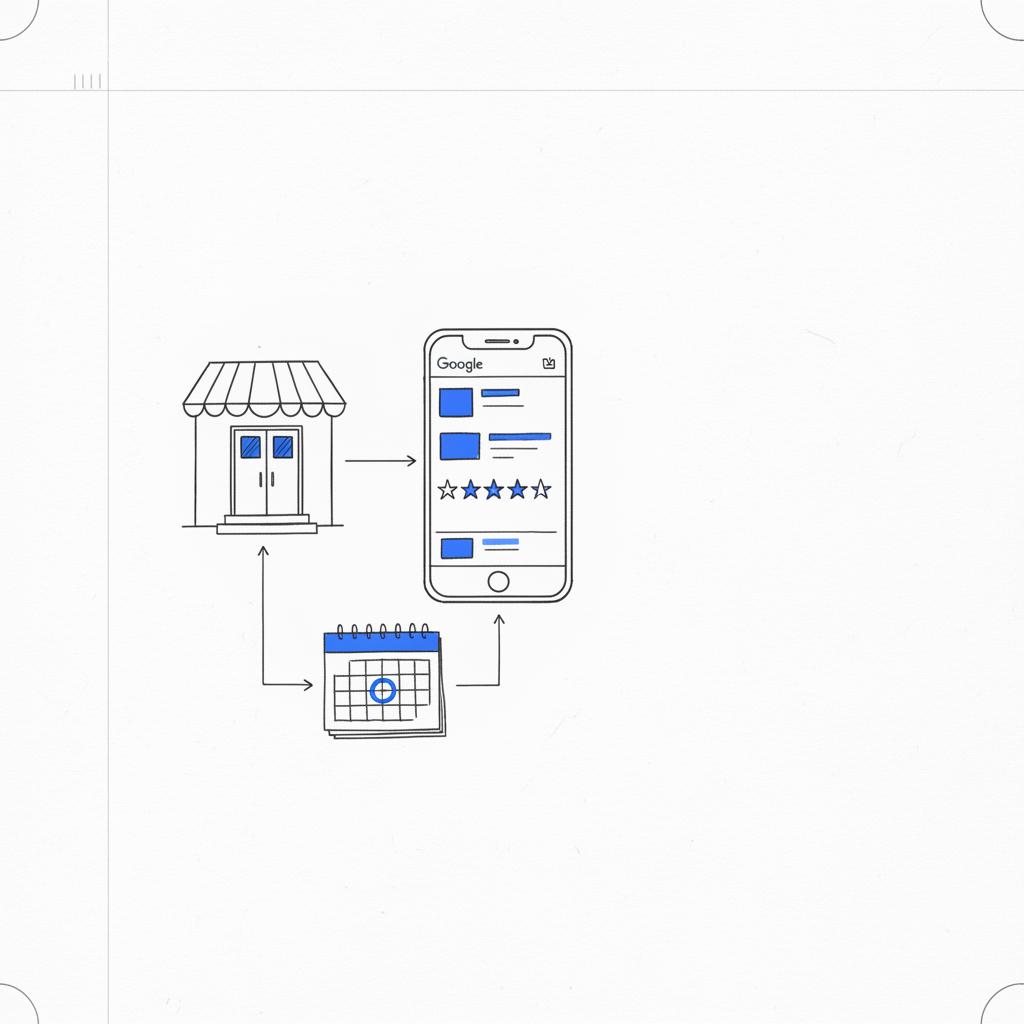 Minimal notebook sketch of a clinic front door, a phone showing a Google Business Profile with review stars, and a circled calendar appointment to advertise for a dental clinic.