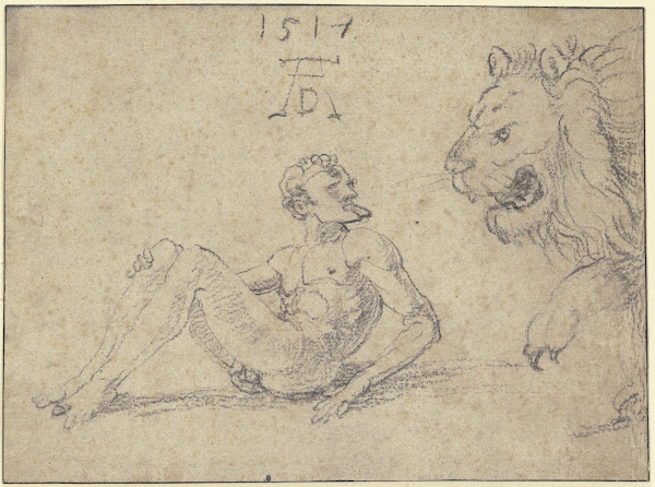 Sitzender nackter Mann mit einem Löwen 1517