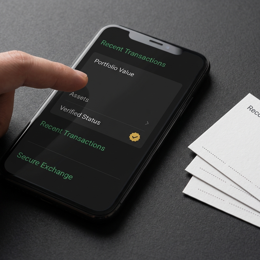 Top down close up of smartphone showing a generic verified crypto exchange app and printed recovery phrase cards on a dark textured background how to start investing in crypto