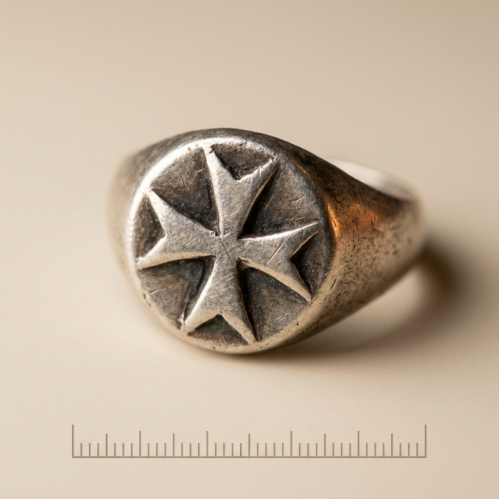 Macro detail of medieval crusader ring bezel with worn star cross motif and patina beside a millimeter scale ruler on warm beige background