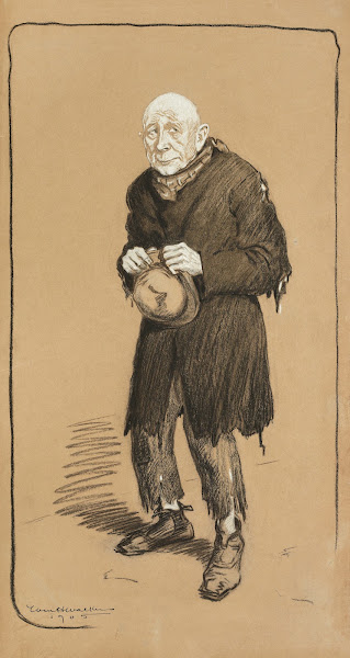 An elderly man dressed in ragged clothes with his hat in his hand 1905