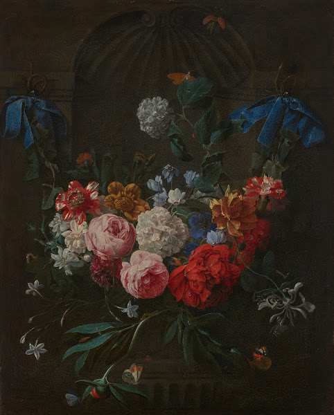 A swag of roses peonies anemones snowballs carnations and other flowers suspende