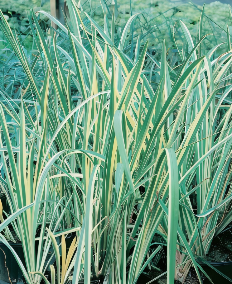 Acorus calamus 'Variegatus' in un laghetto ornamentale, con fogliame striato verde-crema