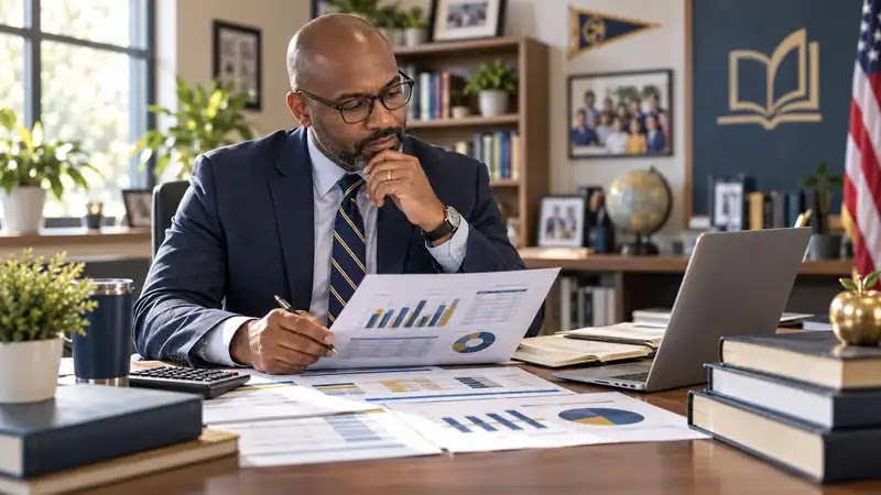 School principal reviewing budget reports and financial charts
