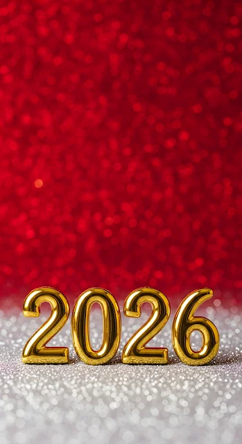 Golden 2026 Numbers on Silver and Red Glitter