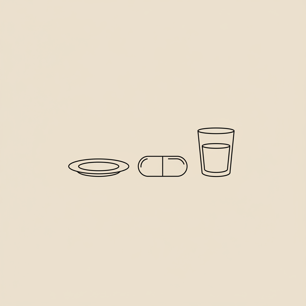 Minimalist Tonum-style line illustration of a probiotic capsule next to a plate and water glass on beige background, representing probiotics for menopause patients.