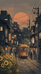 Urban Japanese Street Scene with Sunflowers and Giant Orange Sun