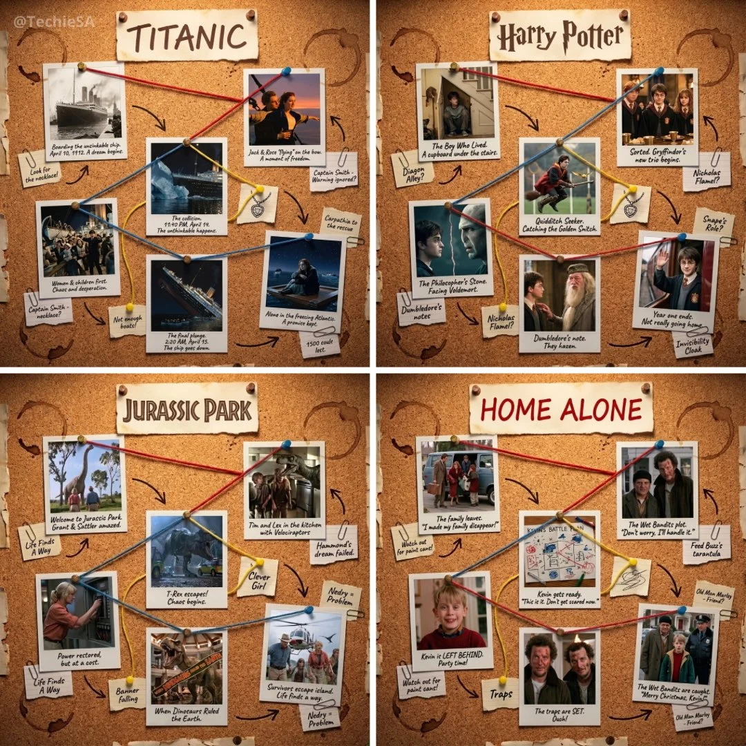 Diseño de tablero de corcho de 1080x1080 que cuenta la historia de [PELÍCULA]