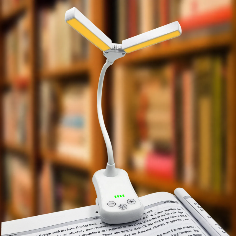 LED reading lamp with clip, double head, dimmable and battery indicator