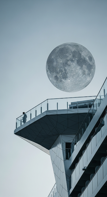 Surreal Conceptual Image of a Large Textured Moon Hovering Over a Futuristic Observation Deck - Free mobile Wallpaper