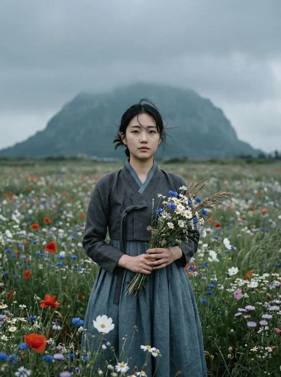 Retrato cinematográfico ultrarrealista de una joven de Asia oriental de pie sola en una vasta pradera de flores silvestres.