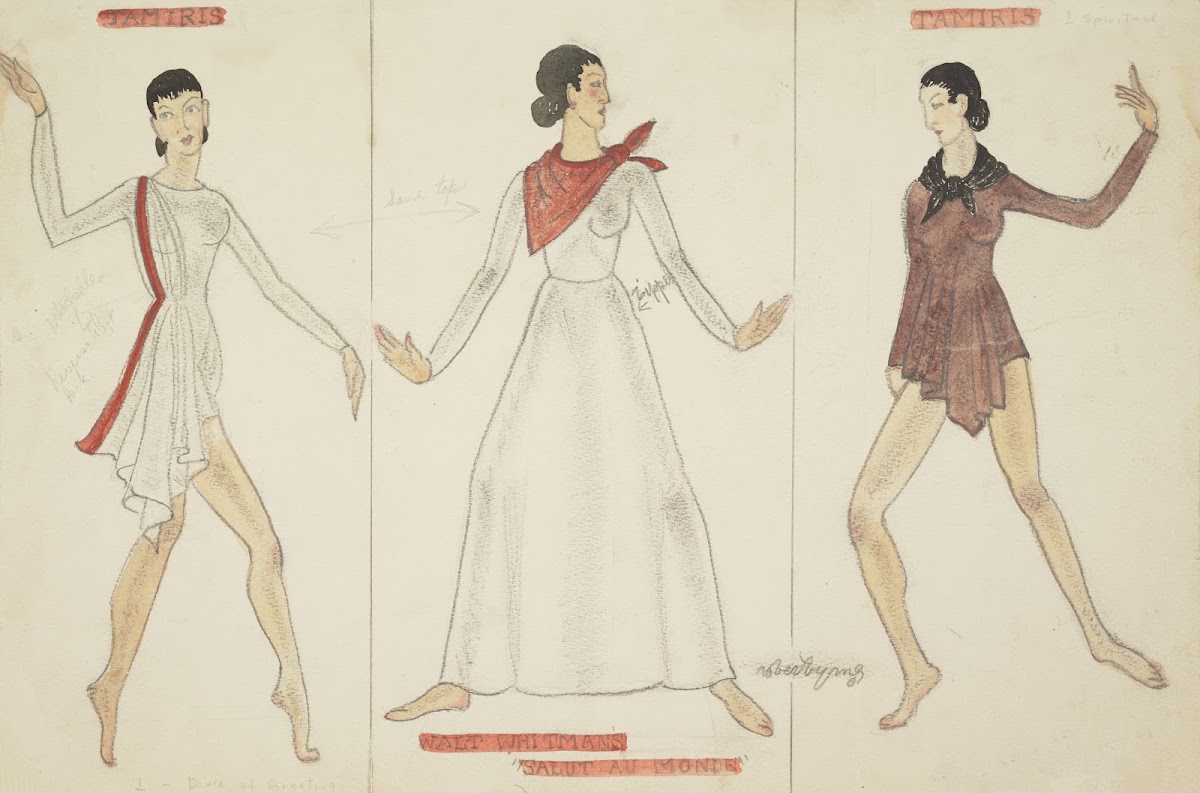 Salut au Monde White unitard with red drape White gown with red kerchief Brown u