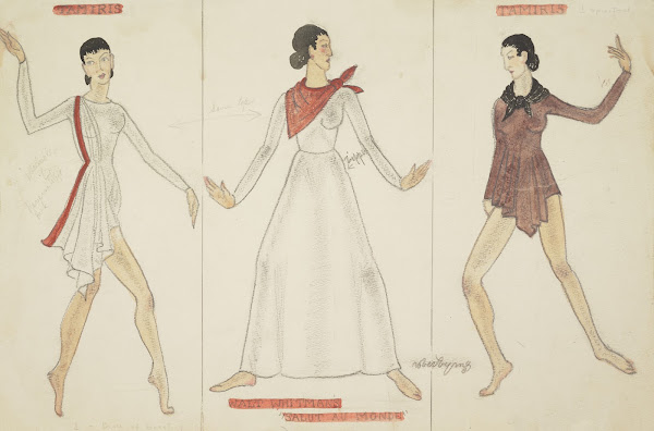 Salut au Monde White unitard with red drape White gown with red kerchief Brown u