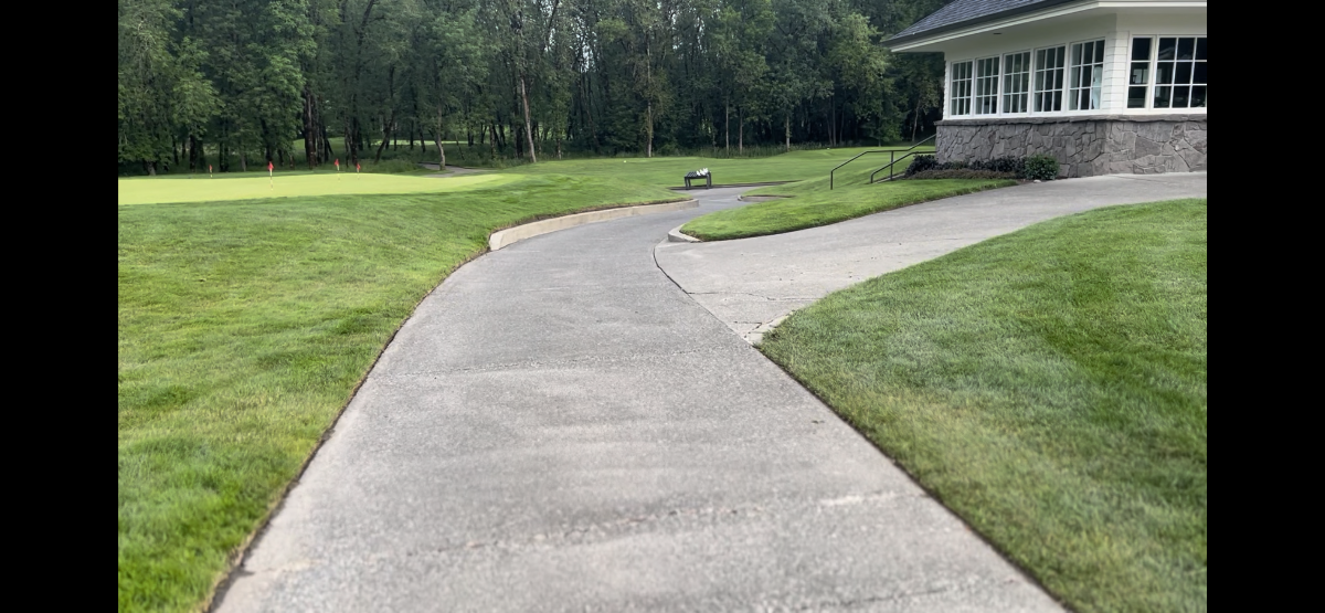 Freshly cleaned commercial walkway and landscaping at a Portland property
