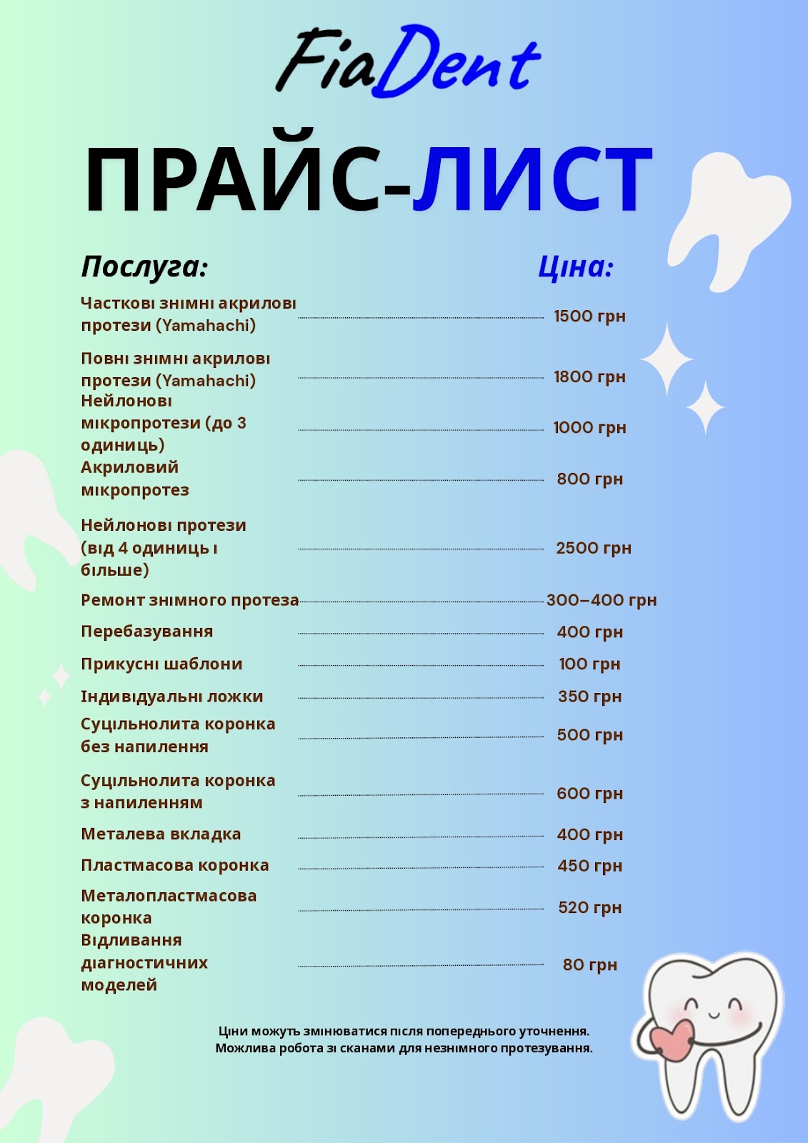 Прайс-лист зуботехнічної лабораторії FiaDent