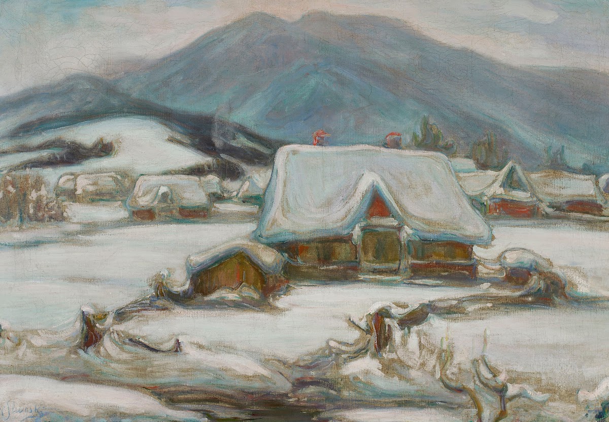 Cottages in the snow circa 1907
