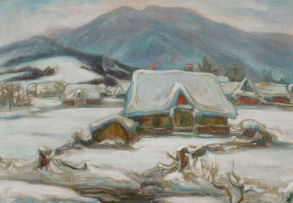 Cottages in the snow circa 1907