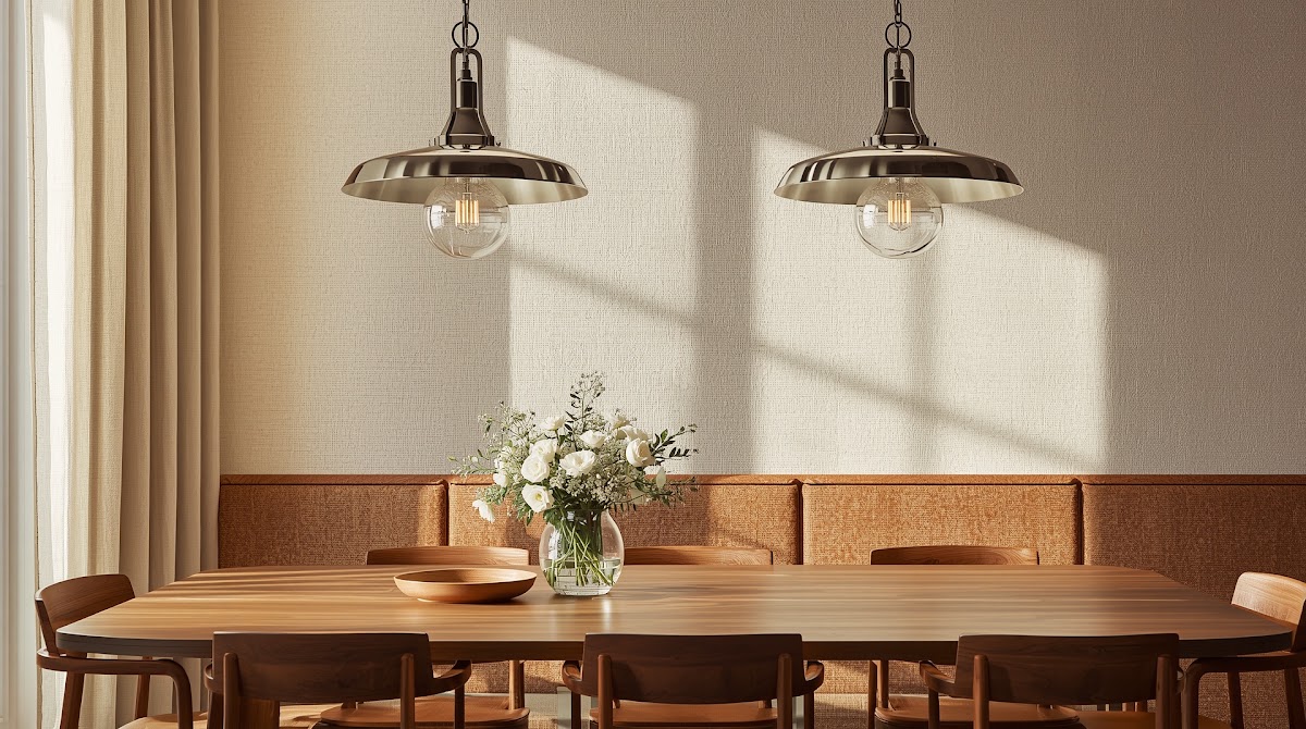 How to Pair Chrome Pendant Lights With a Warm Wood Dining Table - chrome wood textile and neutral color palette mood board