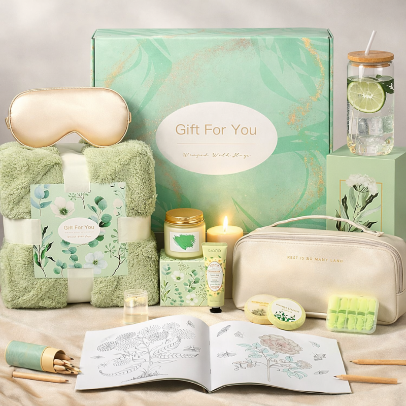 Self-care gift set designed for relaxation, stress relief, and calm living with blanket, sleep mask, candle, and journal