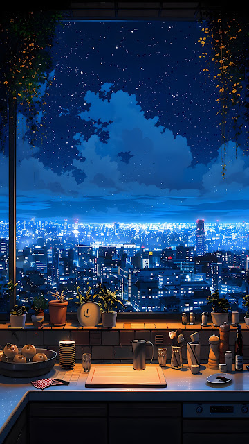 Warm kitchen counter and plants overlook a glowing blue city beneath a starry sky and towering clouds.