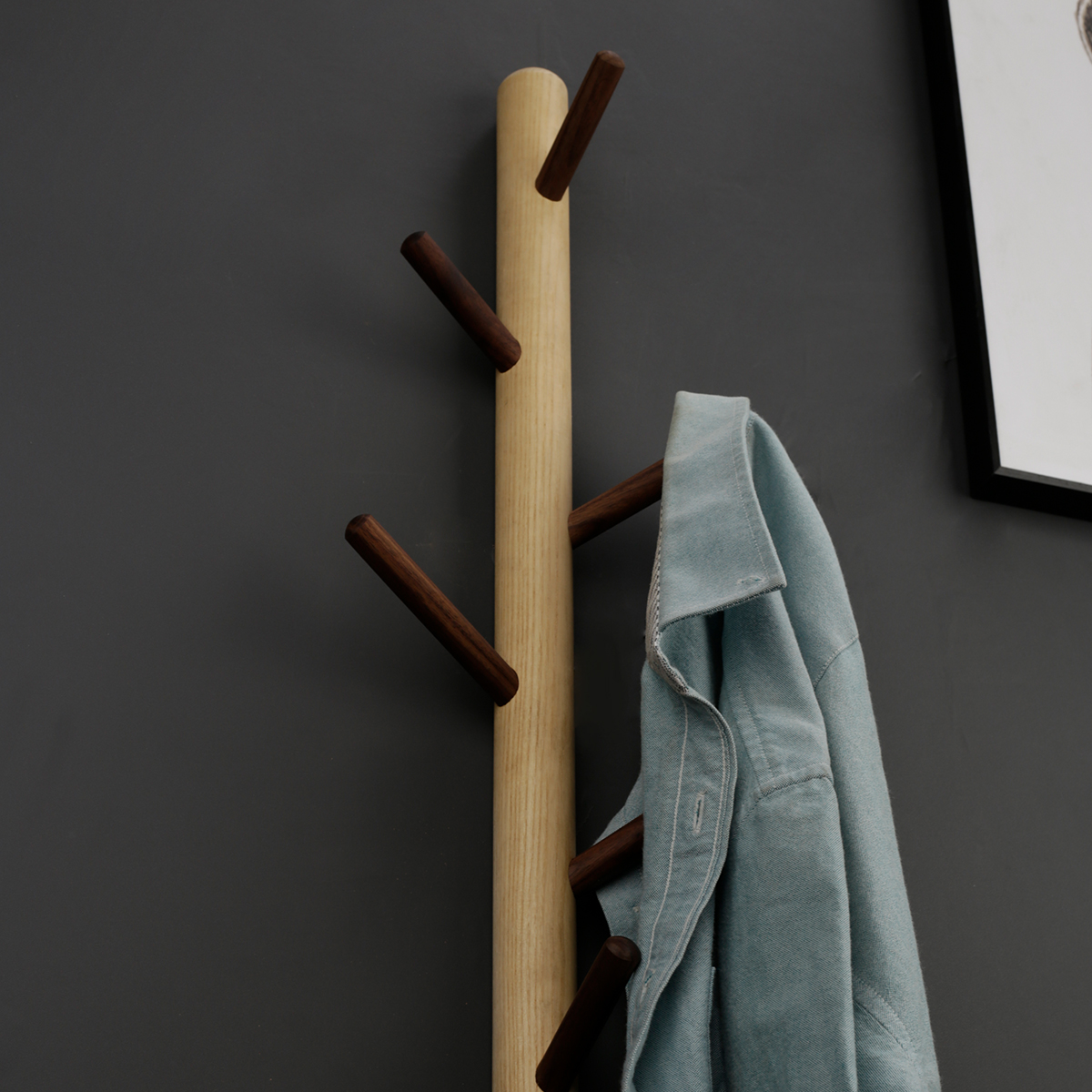 Wooden wall coat rack in tree shape, Nordic design