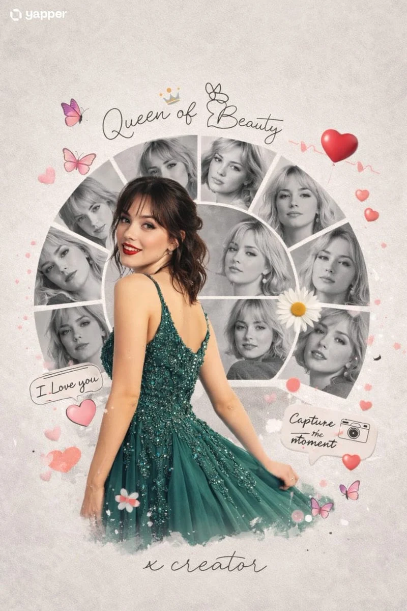 Un collage fotográfico digital romántico y creativo que muestra a una joven y hermosa mujer con un vestido verde pavo real.