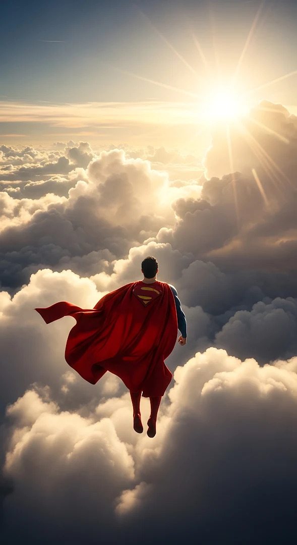 Superhero Soaring Above Clouds Towards Bright Sun