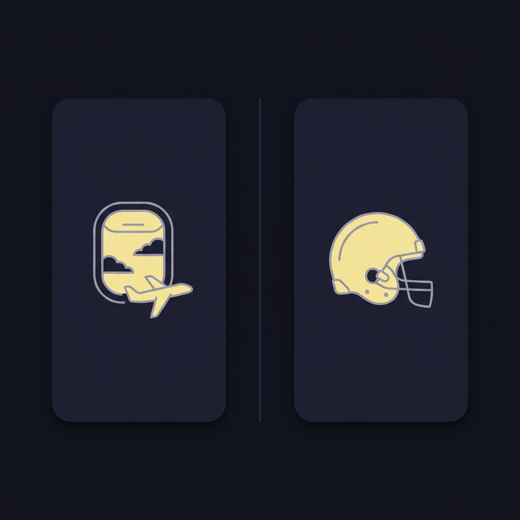 Minimalist 2D vector infographic with two columns travel and snap load showing an airline icon and a football helmet icon on a dark Funded Plays background How Short Weeks Influence NFL Performance