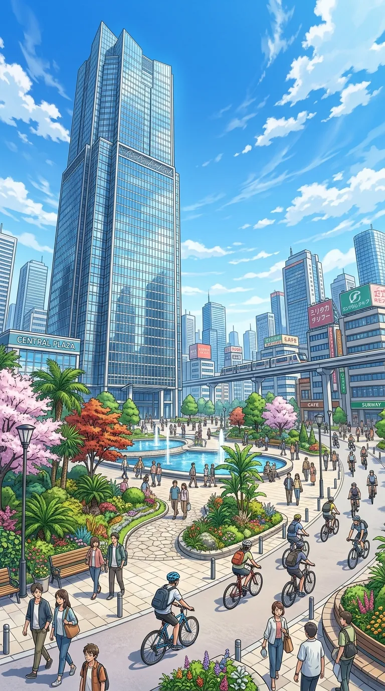 Futuristic Urban Plaza with Anime Style Architecture and Gardens - Free 4K mobile Wallpaper