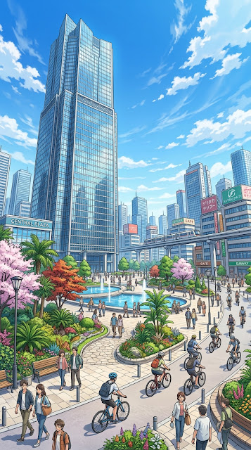 Futuristic Urban Plaza with Anime Style Architecture and Gardens - Free mobile Wallpaper