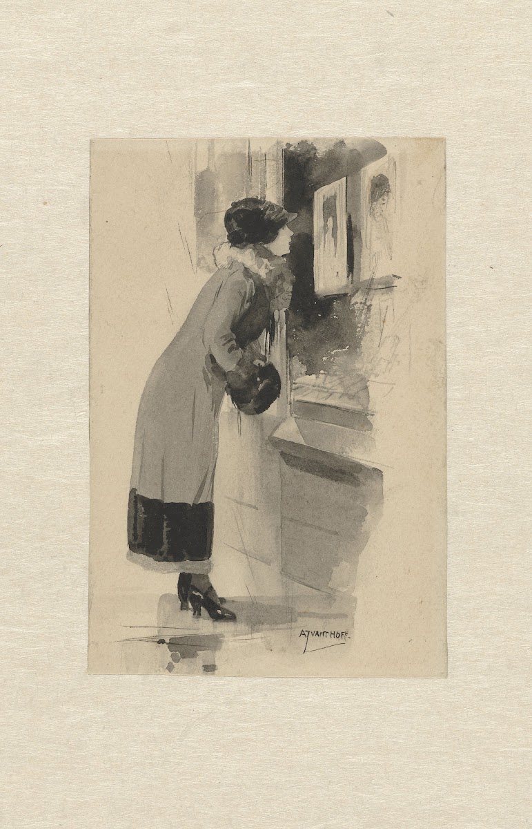 Vrouw voor een etalage met prenten en boeken 1944